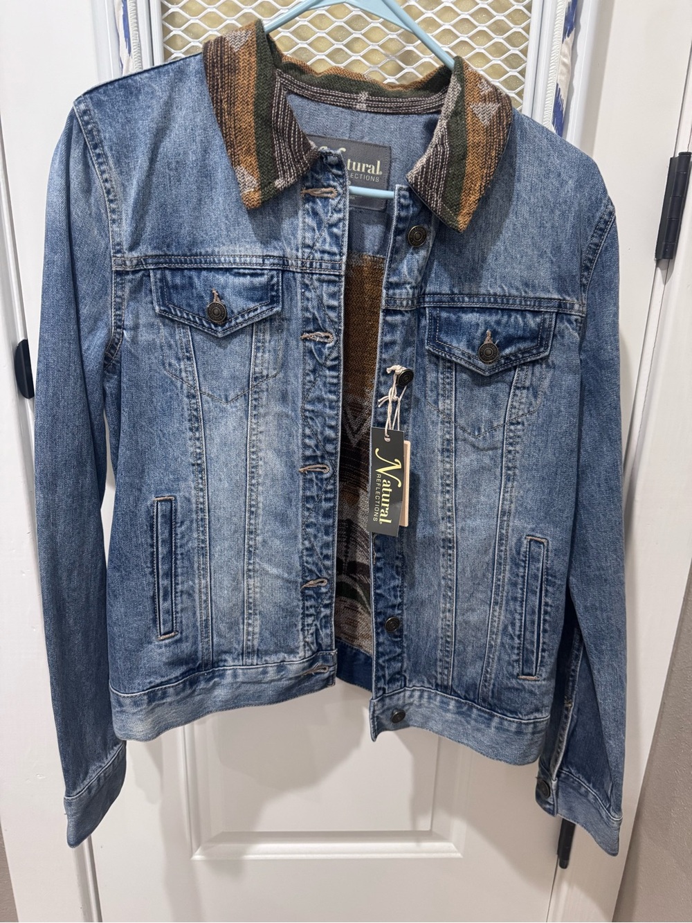 Natural Reflections Blue Denim Jacket with Multicolor Knit Collar